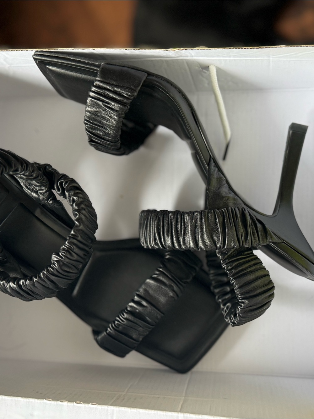 Gianni Bini Black Ruched Strap Stiletto Sandals